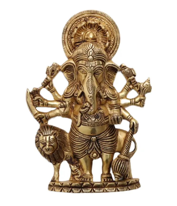 Brass Wall Hanging Drishti Ganesha, Ganesha with Lion Statue Wall Hanging