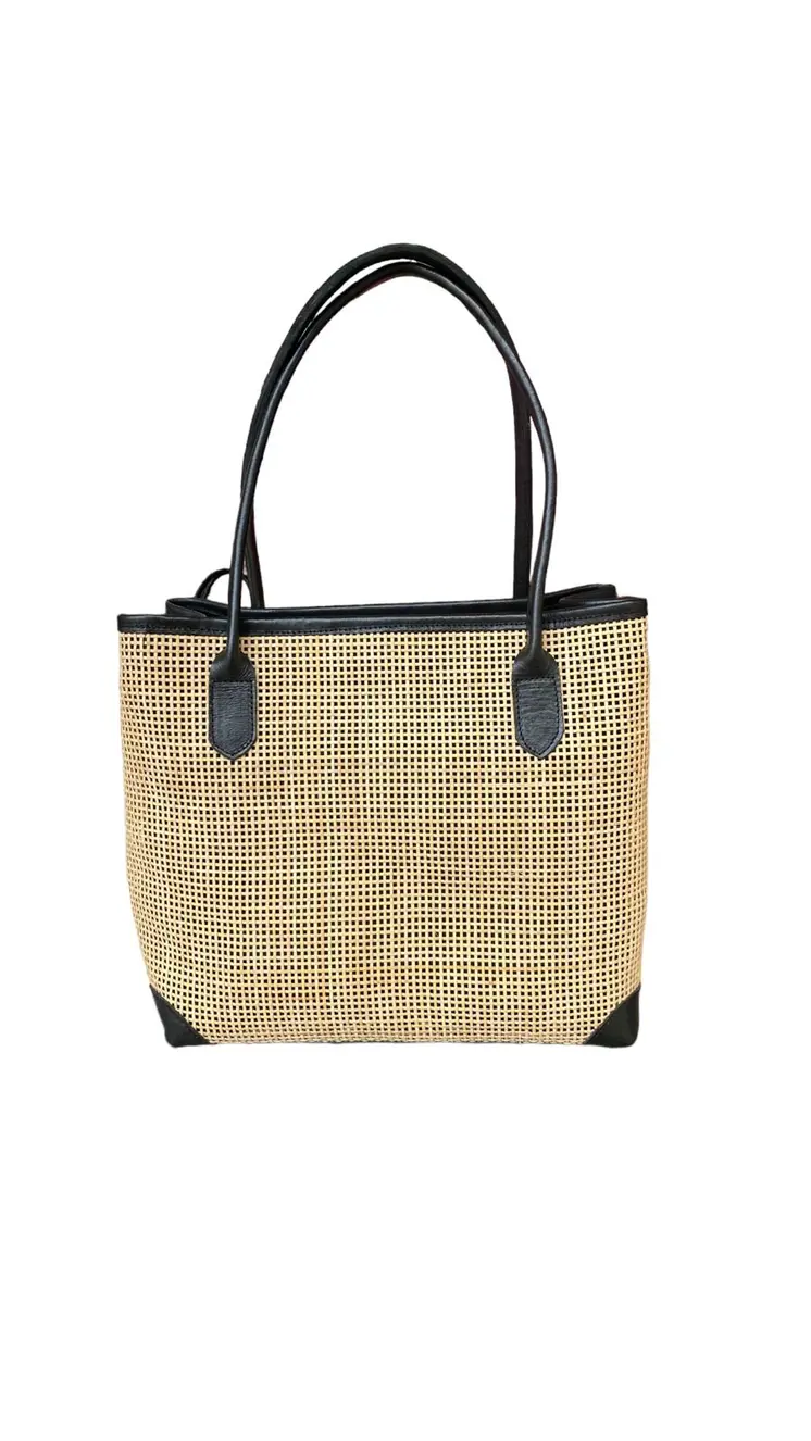 Amo Black Bali Handmade Leather Rattan Webbing HandBag