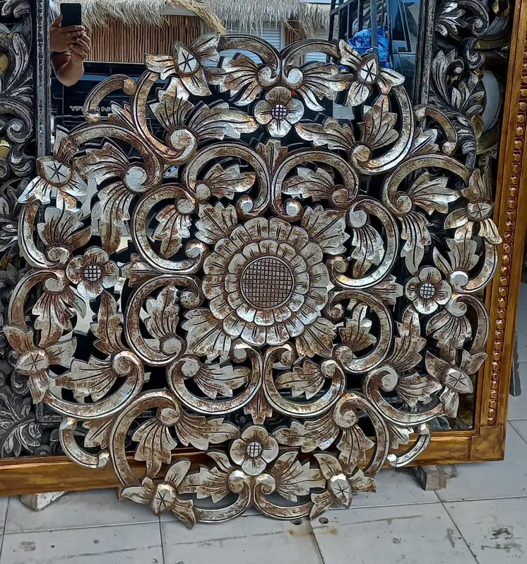 Flower Wooden Carving Wall Decoration Brown Metallic Wash Finishing