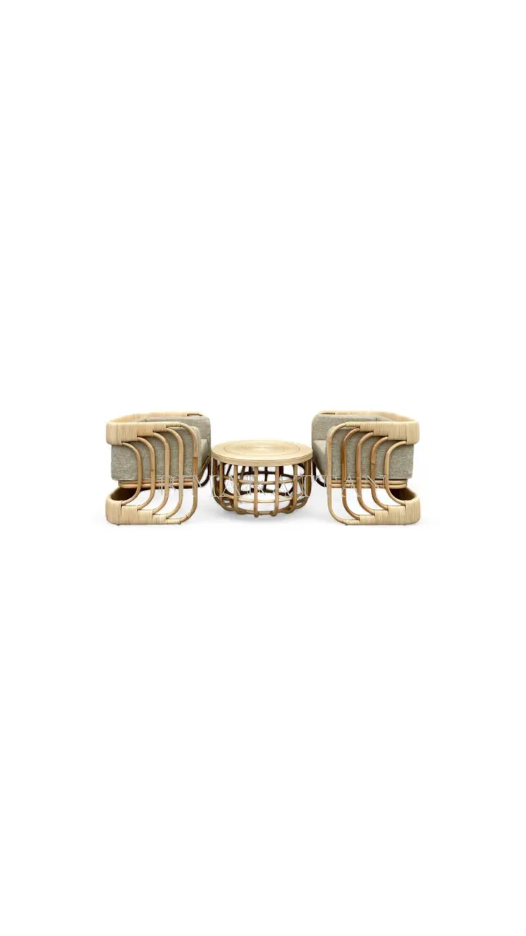 Unique Handcrafted Rattan Set: 2 Chairs and 1 Table for Semi-Outdoor Placement