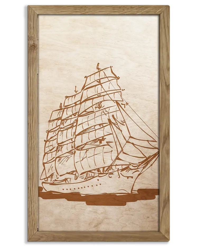 Wooden picture of Sailing ship in an oak frame
