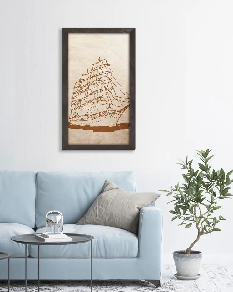 Wooden picture of Sailing ship in an oak frame