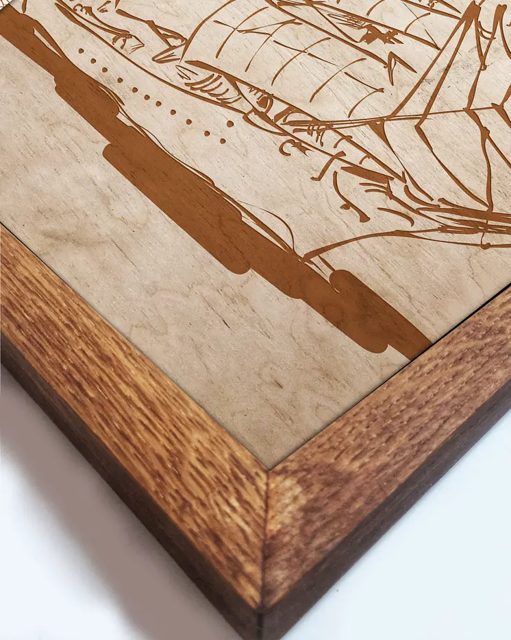 Wooden picture of Sailing ship in an oak frame