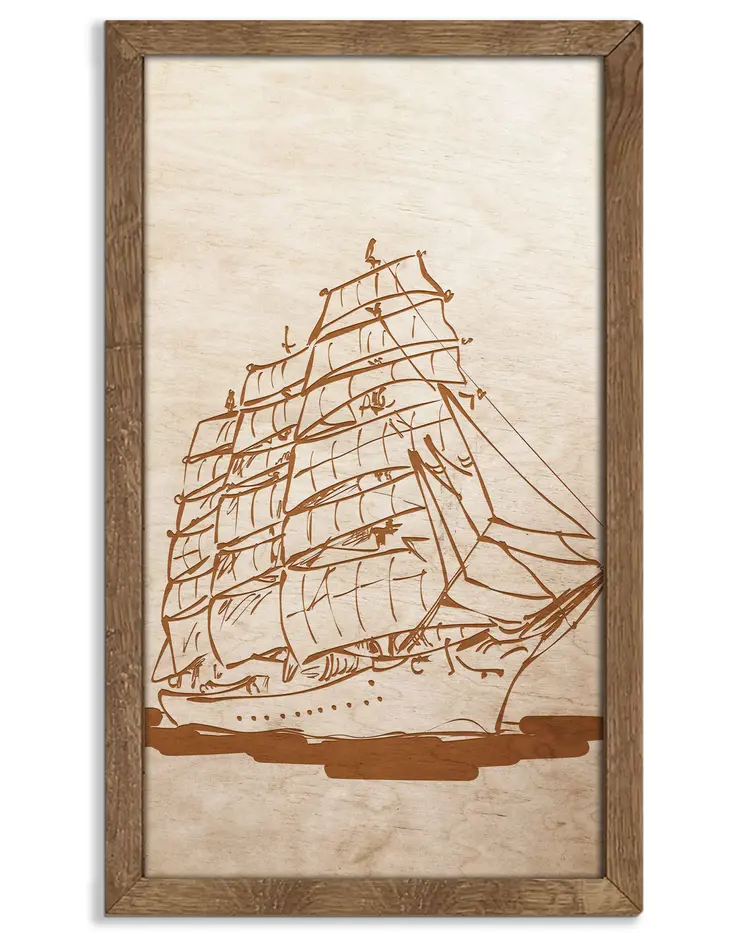 Wooden picture of Sailing ship in an oak frame