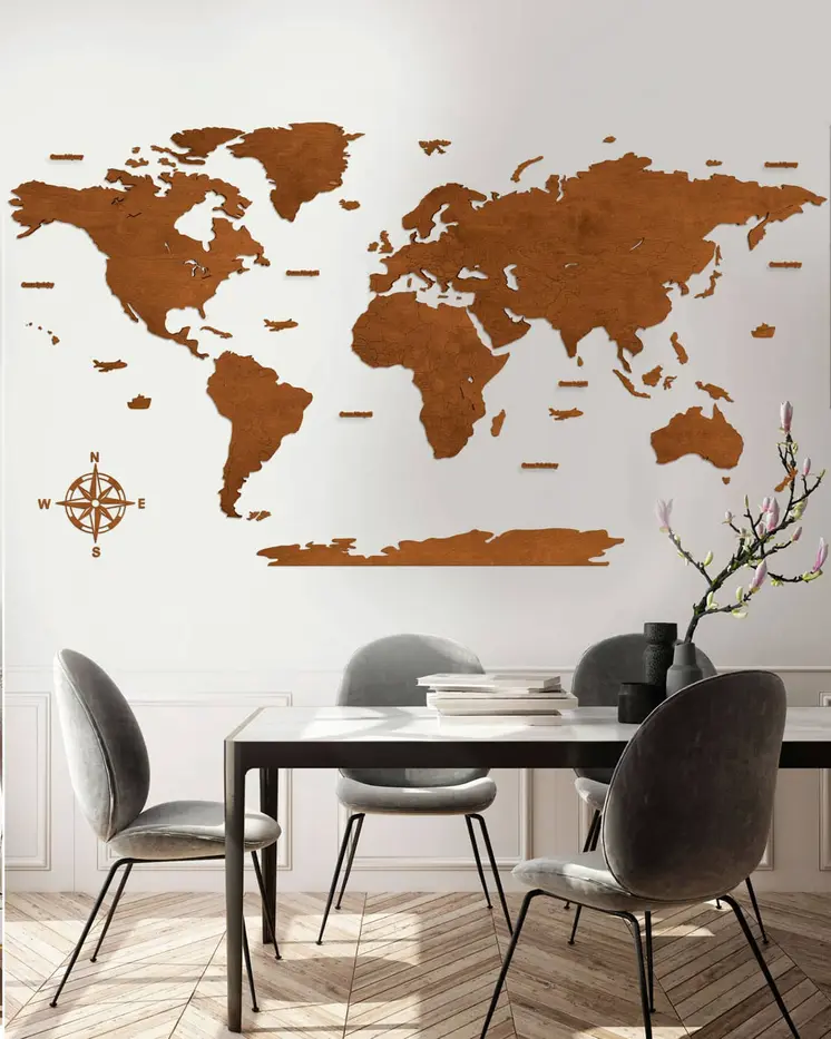 Blank Wooden World Map Hanging Wall Art Walnut