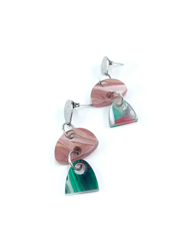 Pendientes ovalados verde y rosa