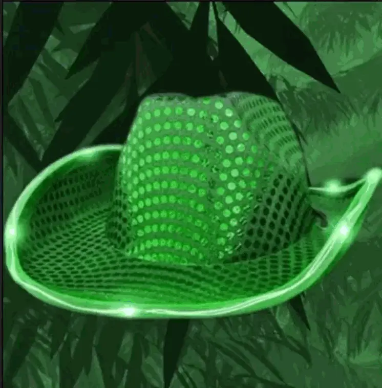 LED Flashing Cowboy Hat with Green Sequins Pack of 2