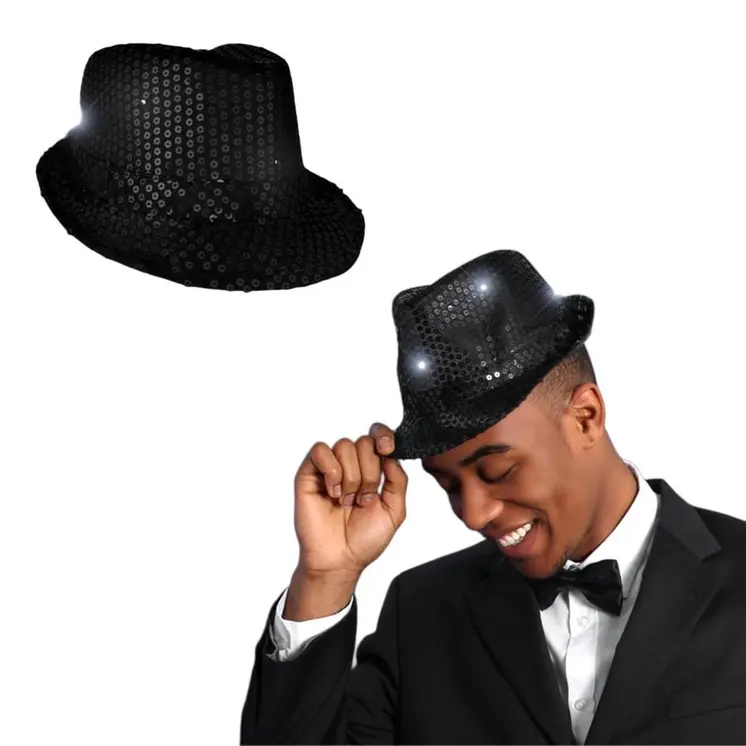 LED Flashing Fedora Hat with Black Sequins