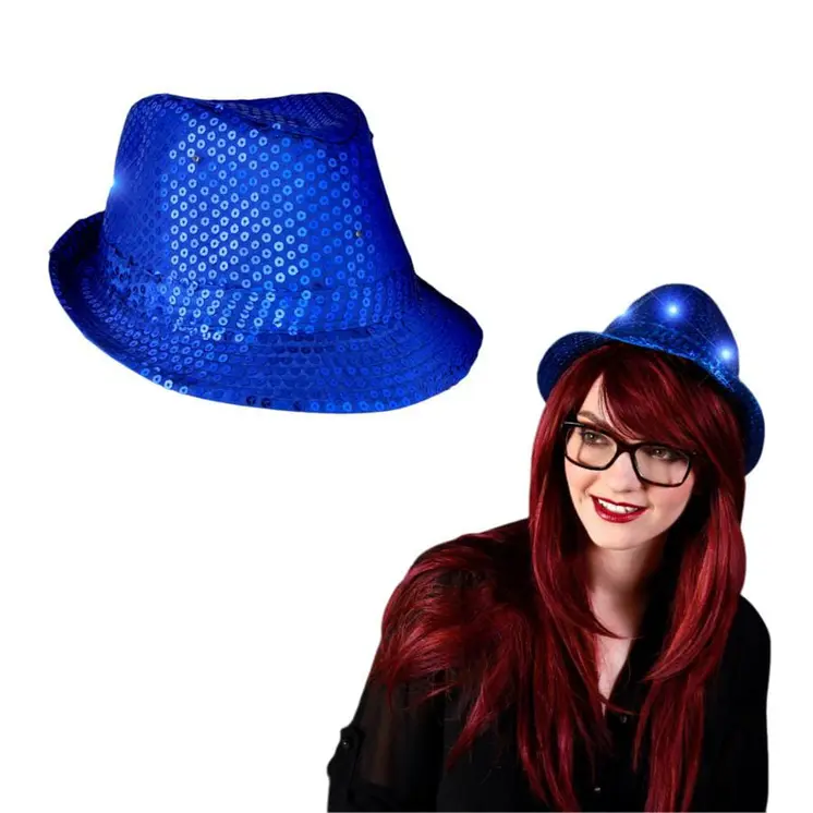 LED Flashing Fedora Hat with Blue Sequins