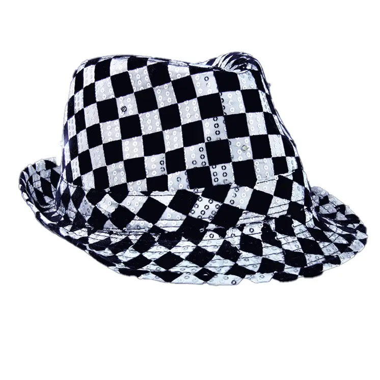 Light Up LED Flashing Fedora Hat with Checkered Sequins