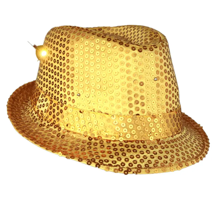 LED Flashing Light Up Fedora Hat with Gold Sequins