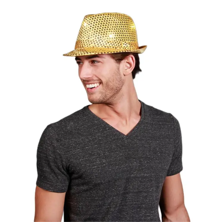 LED Flashing Light Up Fedora Hat with Gold Sequins
