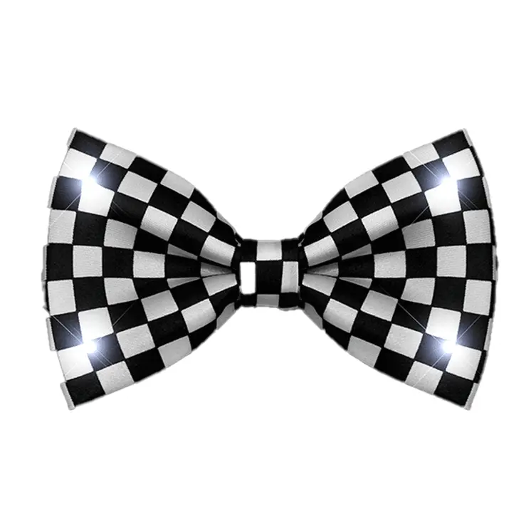 Black and White Checkered Bow Tie with White LED Lights