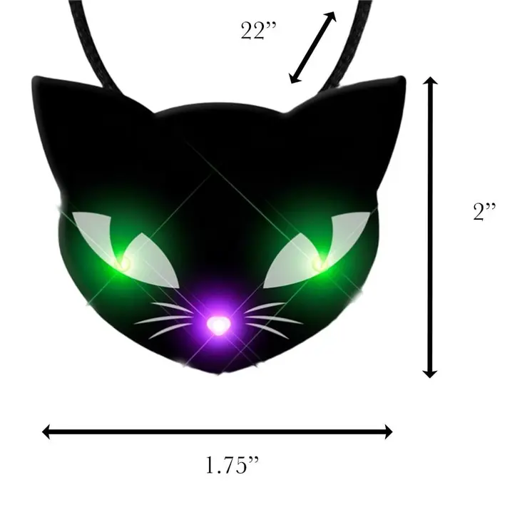 Black Kitty Cat Glowing Green Spooky Halloween Eyes Flashing Blinky Light Necklace