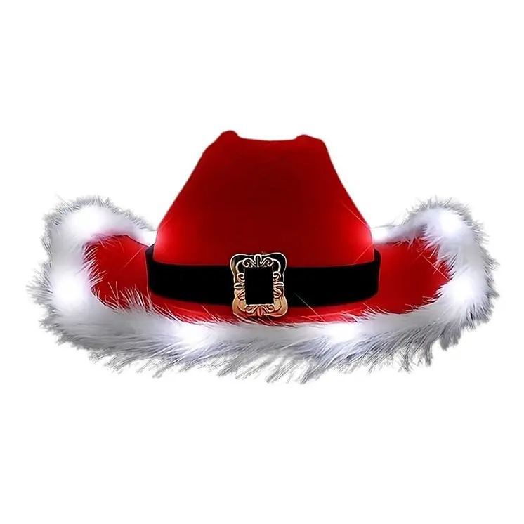 LED Flashing Christmas Cowboy Red Santa Clause Western Holiday Hat