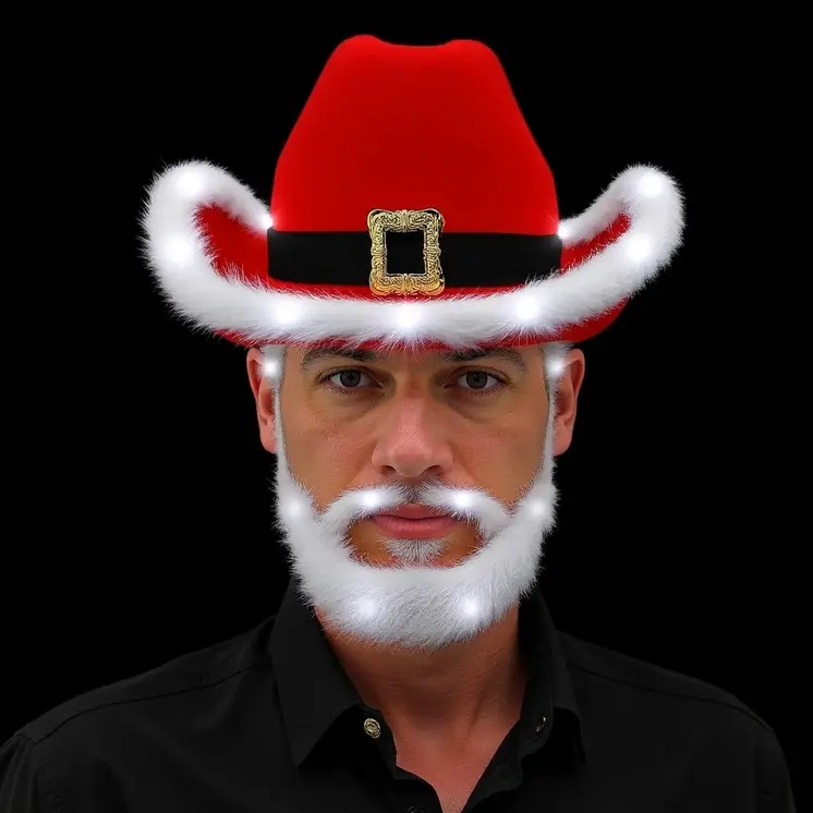 LED Flashing Christmas Cowboy Red Santa Clause Western Holiday Hat