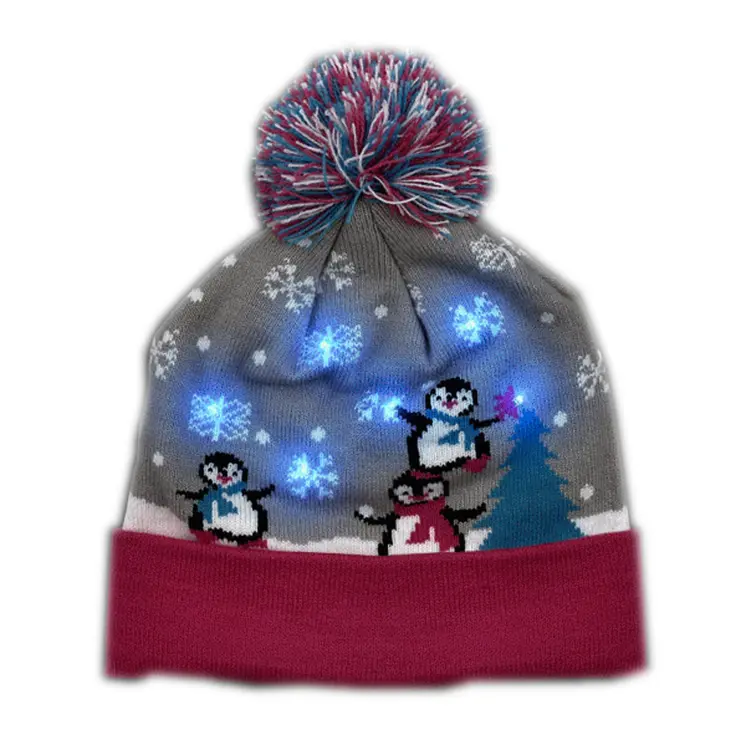Multicolor LED Winter Christmas Holiday Penguins Beanie Hat