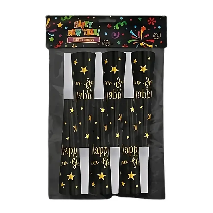 Happy New Year Non-light up Paper Horns Holiday Noisemaker Pack of 6