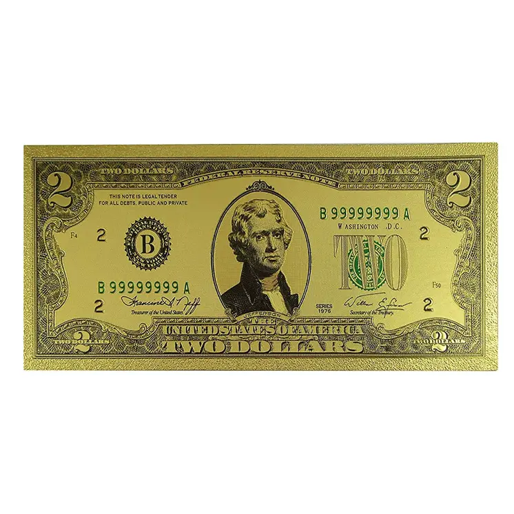 2 Dollar Commemorative Collectible Premium Replica Paper Money Bill 24k Gold Plated Fake Currency Banknote Art Holiday Decoration