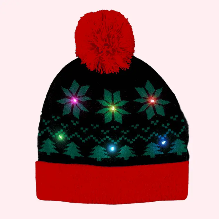 Light Up Black Red Pompom Beanie Hat