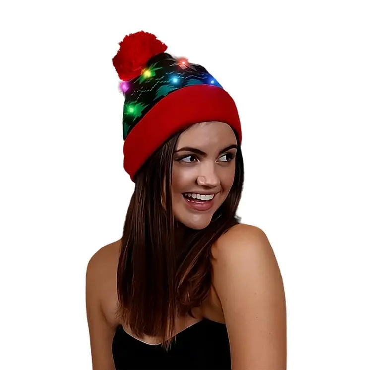 Light Up Black Red Pompom Beanie Hat