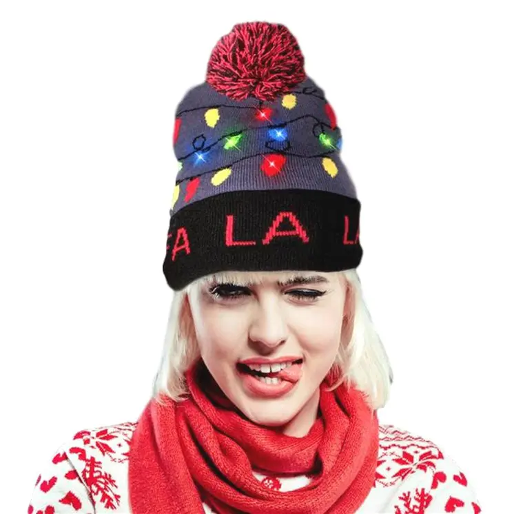 Light Up Fa La La  Knit Red Black Pom Pom Beanie Hat Pack of 4