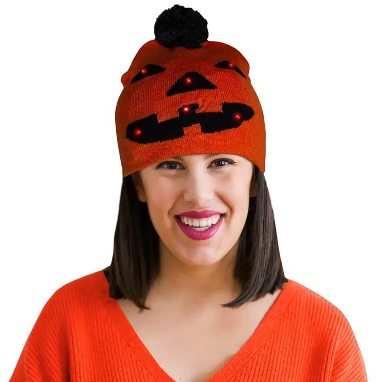 Light Up Monster Pumpkin Knit Pom Pom Beanie Pack of 4