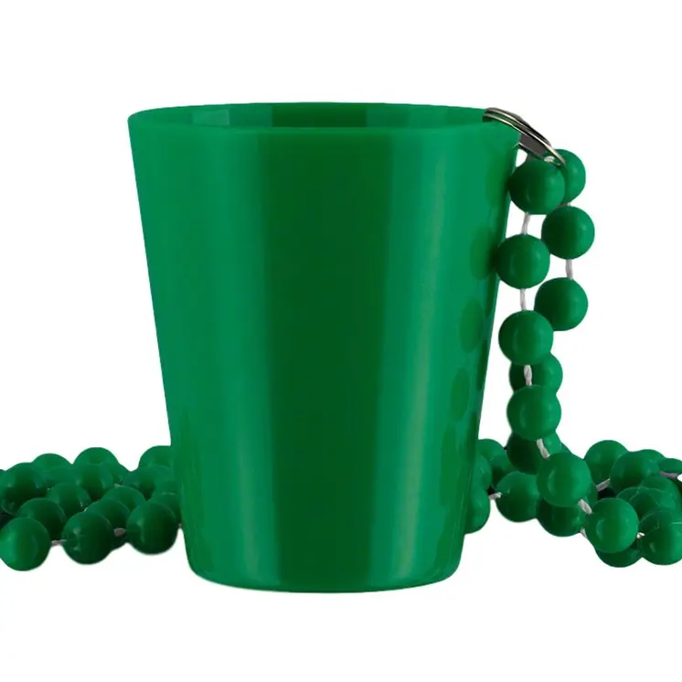 Unlit Up Green Shot Glass on Green Beaded Necklaces for Mardi Gras