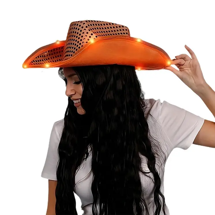 LED Flashing Cowboy Hat with Orange Sequins