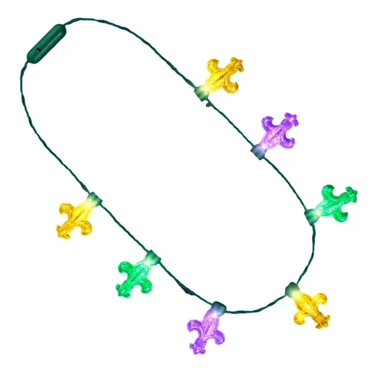 Mardi Gras Big Acrylic Fleur de Lis Bulbs LED Flashing String Charm Crewe Necklace