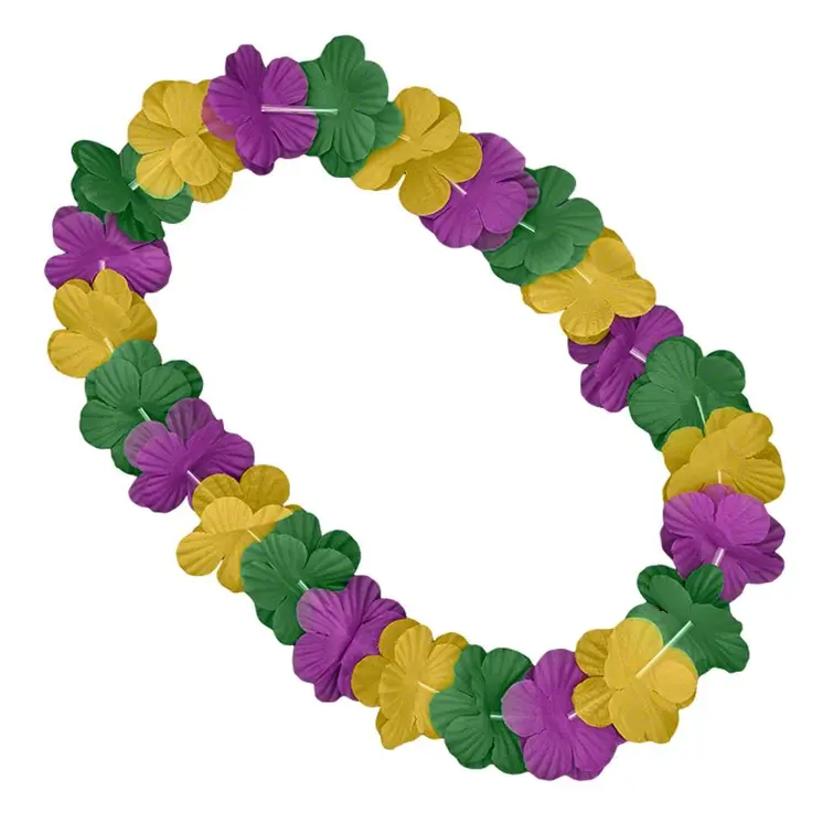 Hawaiian Flower Mardi Gras Lei Necklace Purple Green Gold