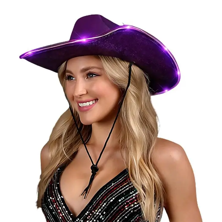 Light Up Shiny Satin Metallic Space Cowboy Hat Purple Pack of 2