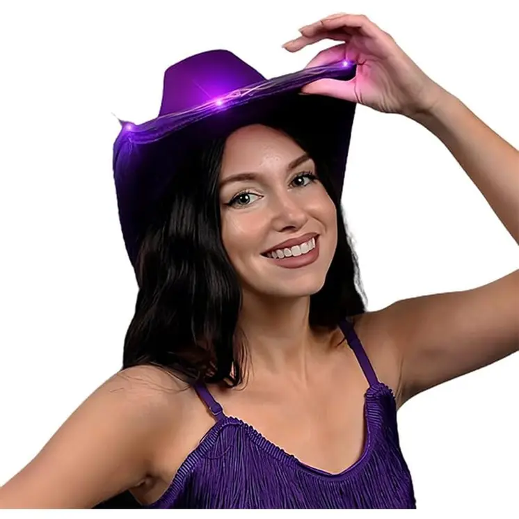 Light Up Shiny Satin Metallic Space Cowboy Hat Purple Pack of 2