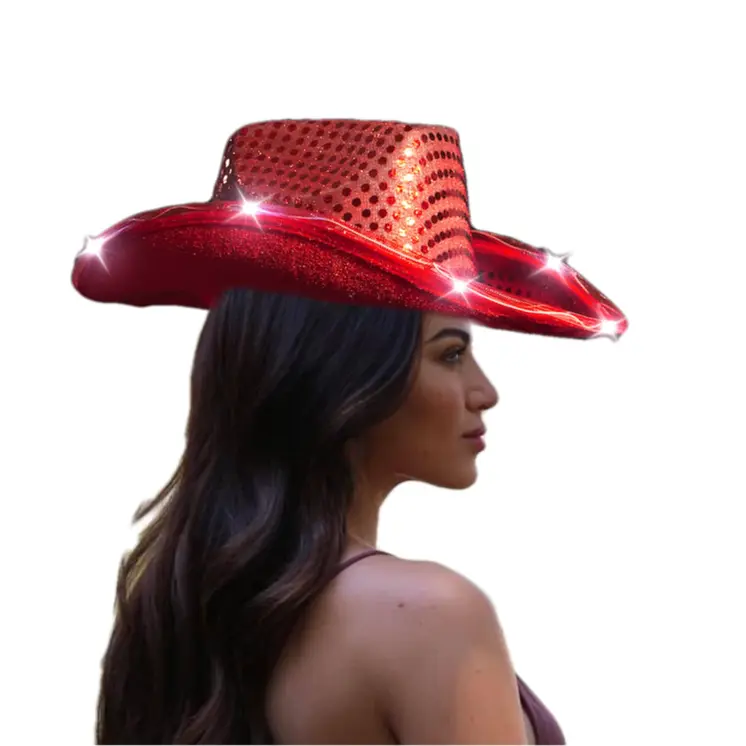 LED Flashing Cowboy Hat with Red Sequins Pack of 2