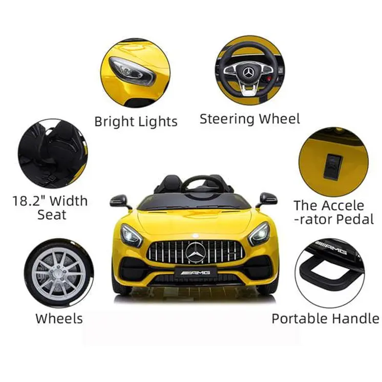 Remote Controlled Officially Licensed Benz GT Dual Drive 12V Car with Music for Kids Yellow