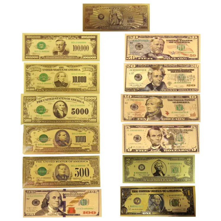 Mega Max 24K Gold Plated US Dollar Fake Banknotes Set of 13 Timeless Collection Protector Sold Separately