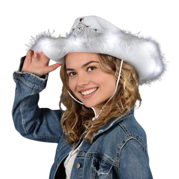 Light Up White Tiara Bridal Cowboy Cowgirl Hat