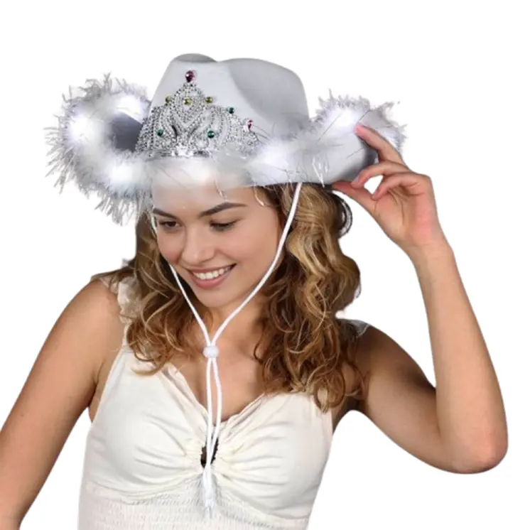 Light Up White Tiara Bridal Cowboy Cowgirl Hat