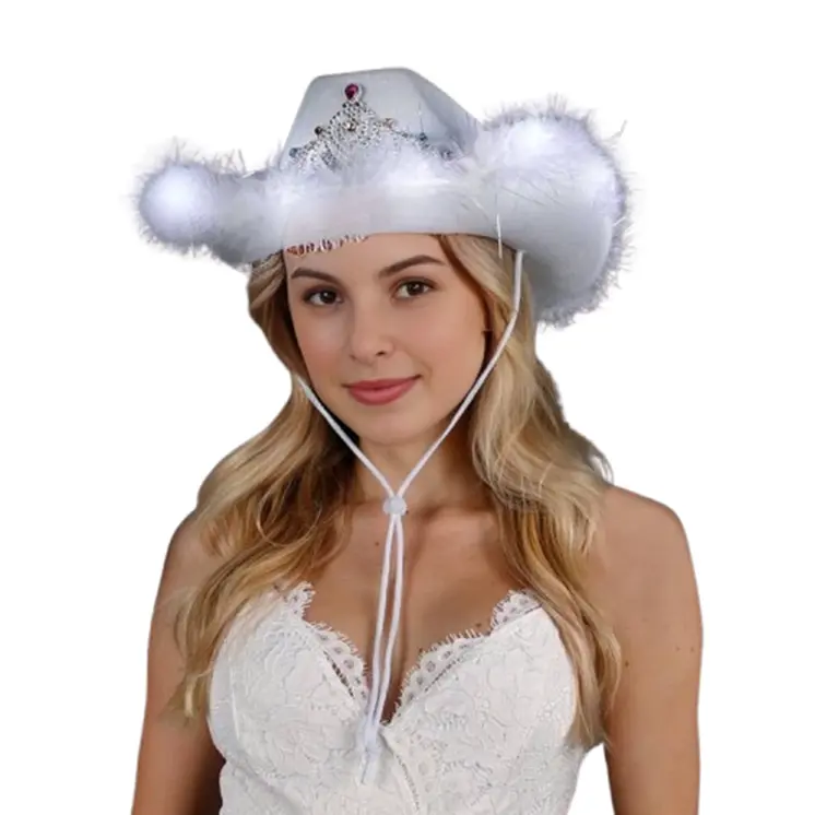 Light Up White Tiara Bridal Cowboy Cowgirl Hat