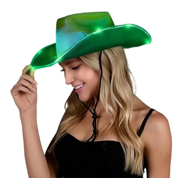Green Light Up Glorious Luminous Sheen Metallic Cowboy Space Cowgirl Hat