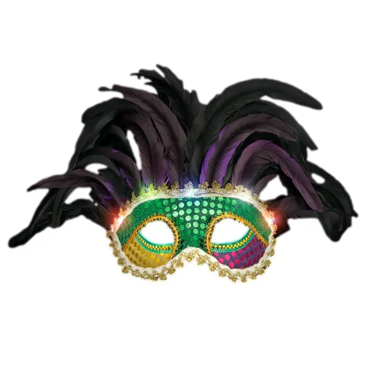 Light Up Deluxe Venetian Mardi Gras Carnival Festival Feather Mask for Fat Tuesday