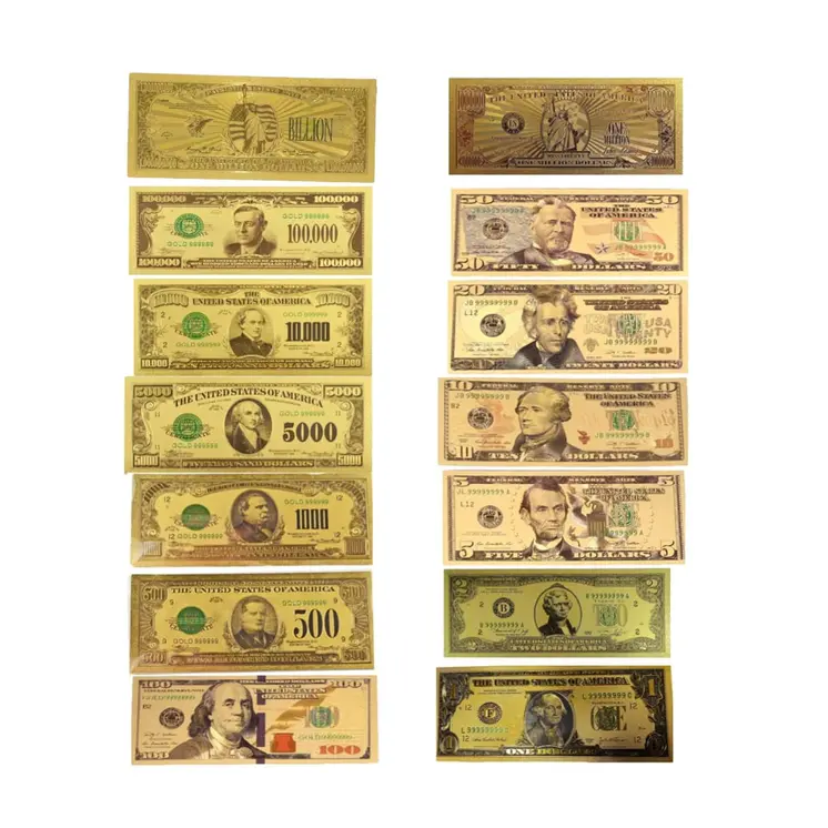 Set of 14  Commemorative Mega Billion 24K Gold Plated US Dollar Fake Banknotes Timeless Collection Protector Sold Separately