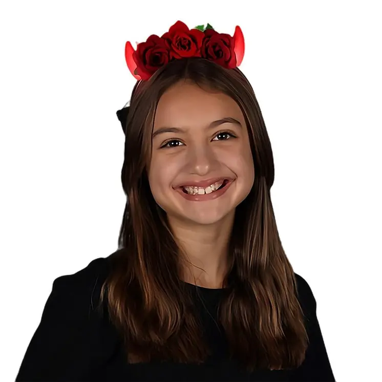 Red Light Up LED Devil Horns with Red Roses Flower Crown Headband
