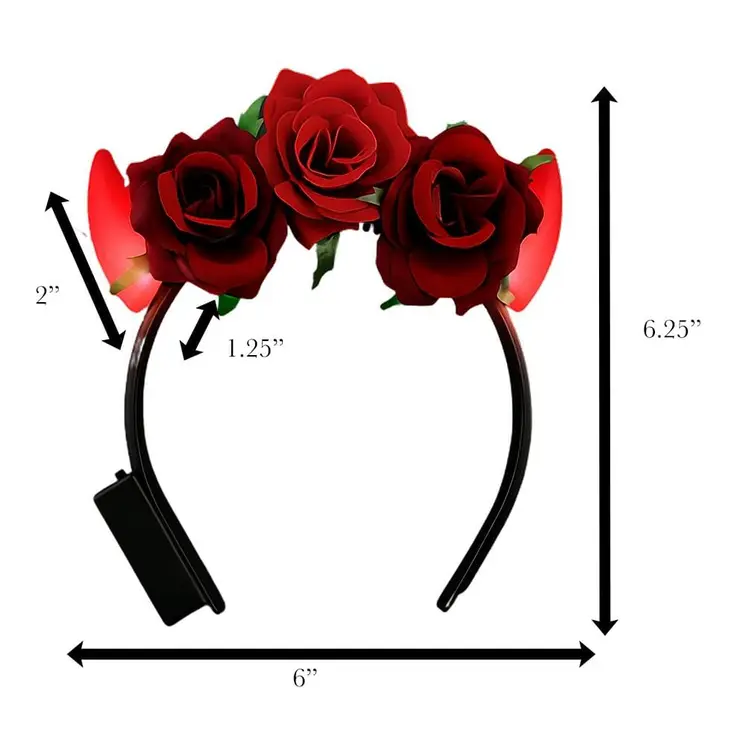 Red Light Up LED Devil Horns with Red Roses Flower Crown Headband