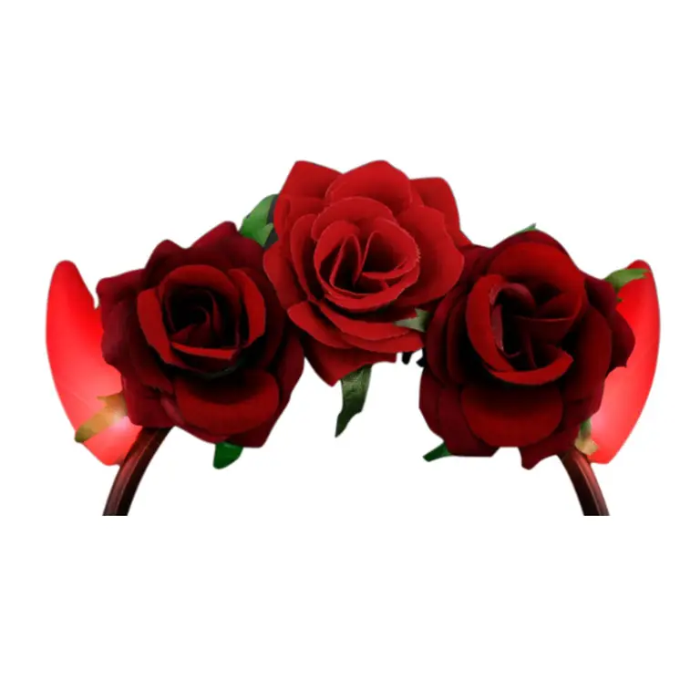 Red Light Up LED Devil Horns with Red Roses Flower Crown Headband