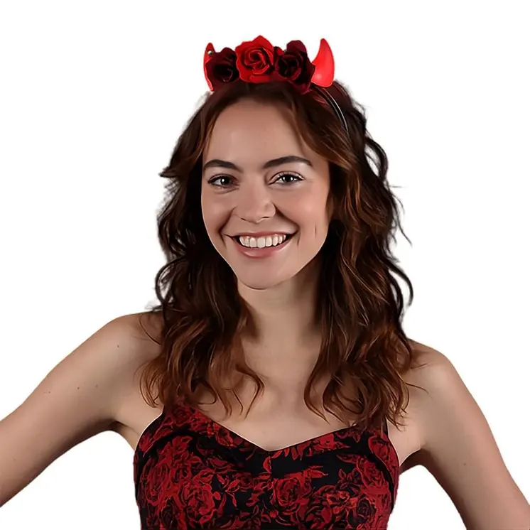 Red Light Up LED Devil Horns with Red Roses Flower Crown Headband