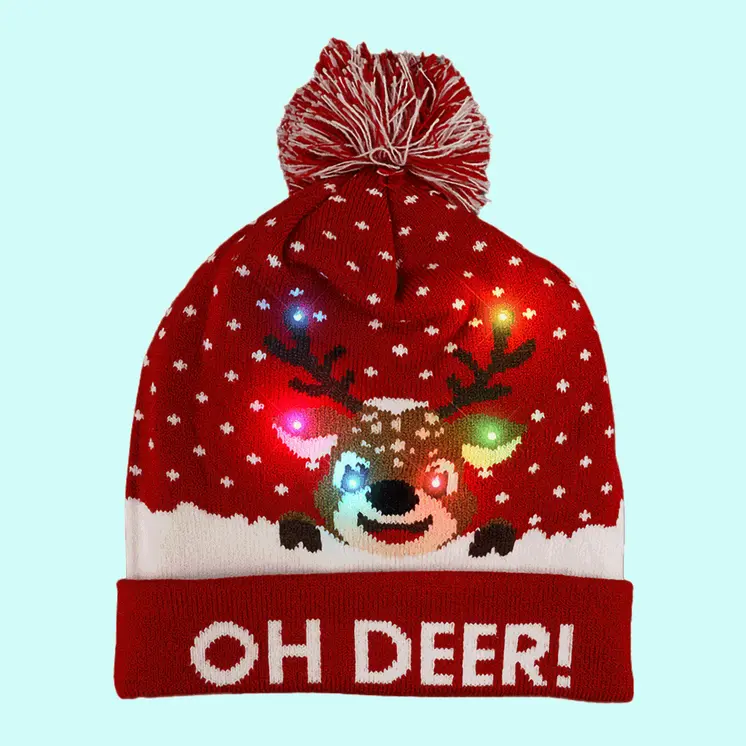 Light Up Oh Deer Red Pompom Beanie Hat