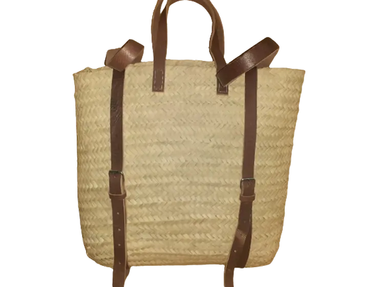Mochila cuadrada de paja y cuero