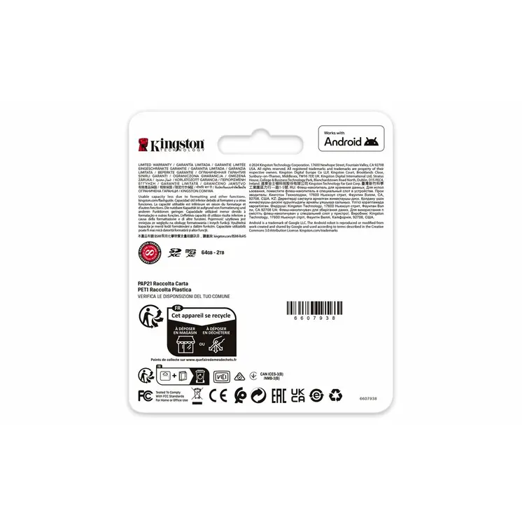 Micro SD Memory Card with Adaptor Kingston 64 GB