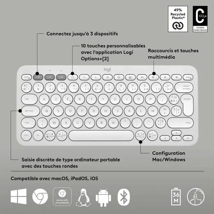 Bluetooth Keyboard with Support for Tablet Logitech K380 French White AZERTY